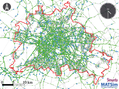 Ausschnitt aus einer Simulation des Individualverkehrs (grüne Fahrzeuge) und des öffentlichen Verkehrs (blaue Fahrzeuge) in Berlin. © TU Berlin, VSP