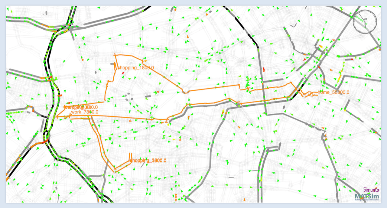 Verkehrsverlauf in Berlin: Tagesplan einer synthetischen Person in orange, Positionen anderer Fahrzeuge in grün und rot, sowie die NOx-Belastungen (Stickoxide) auf den unterschiedlichen Kanten (in grau). © Kai Nagel / TU Berlin, VSP