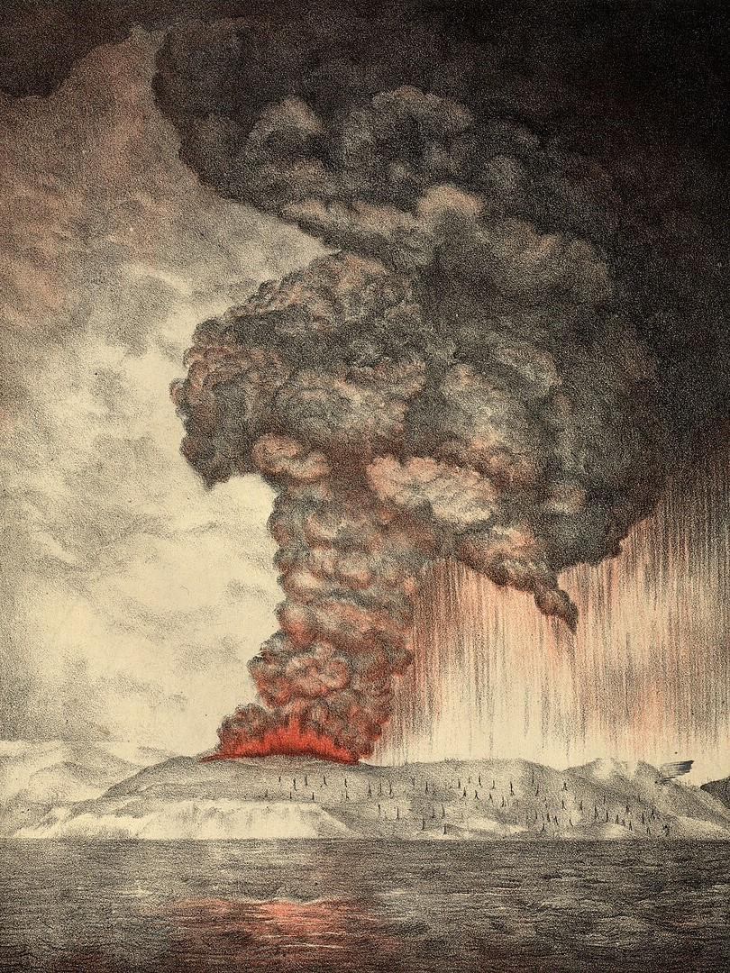 Litographie des indonesischen Vulkans Krakatau 1883. Vielleicht war es der Ausbruch dieses Vulkans, der - gemeinsam mit anderen -  im 6. Jahrhundert eine Kaltzeit einläutete. (Parker & Coward, Großbritannien)