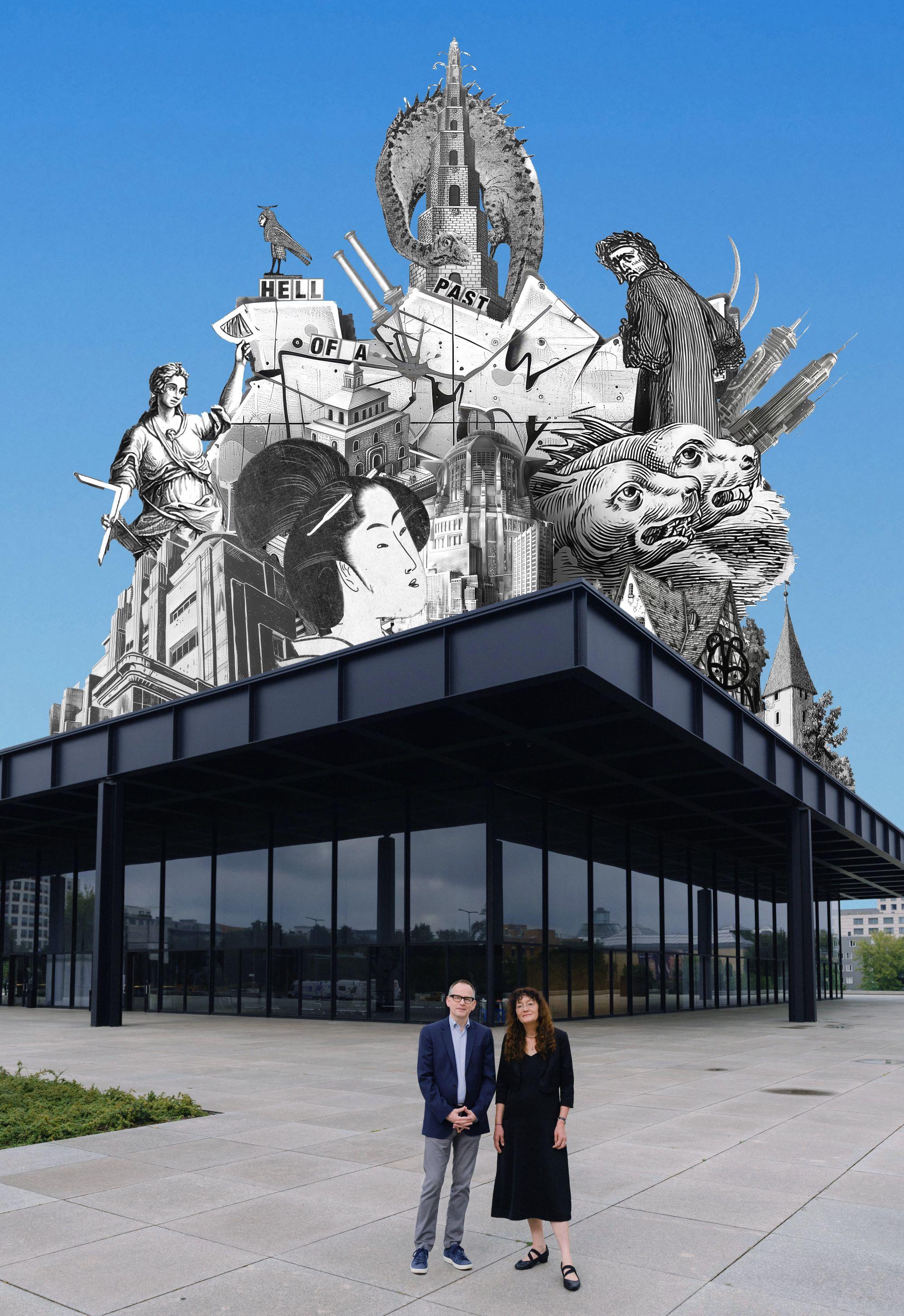 Andrew James Johnston und Anne Eusterschulte auf dem Kampagennmotiv vor der Neuen Nationalgalerie