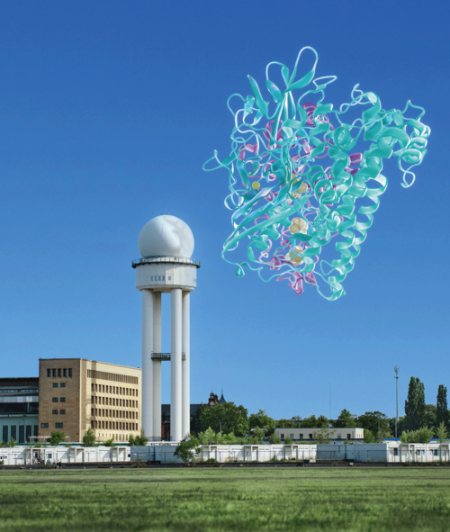 Voller Energie über dem Tempelhofer Feld: Ein Hydrogenase-Molekül kann Strom, also Elektronen, sowohl aus Wasserstoff erzeugen wie auch in Form von Wasserstoff speichern.